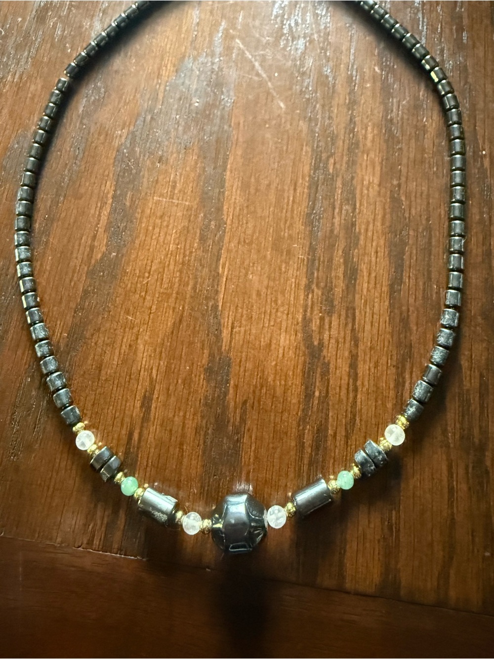 Vintage Black Hematite Bead Necklace with Gold Accents